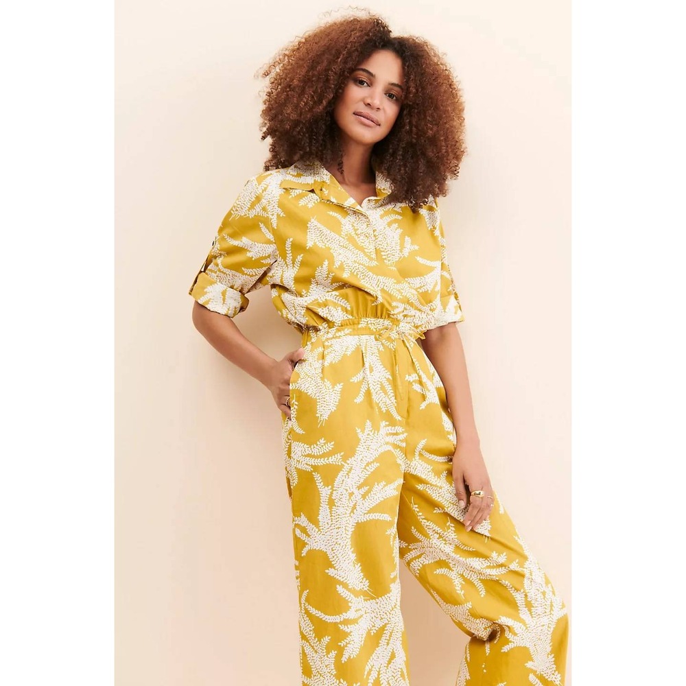 SWF Womens Floral Print Boiler Suit Wide Leg Jumpsuit Yellow White Size Large